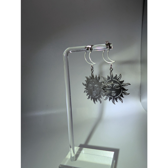 Celestial Sun and Moon Earrings, Stainless Steel Dangle Stud Earrings - Picture 9 of 15